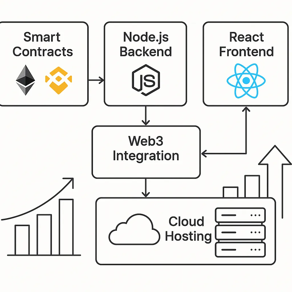 Infographic detailing the ideal tech stack and scalability features for a Pinksale clone platform including smart contracts and cloud deployment