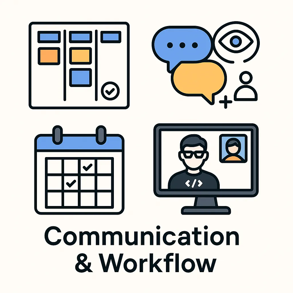 Infographic detailing the ideal workflow for a Noon clone development team, covering project management tools, regular updates, direct communication, and post-launch support.