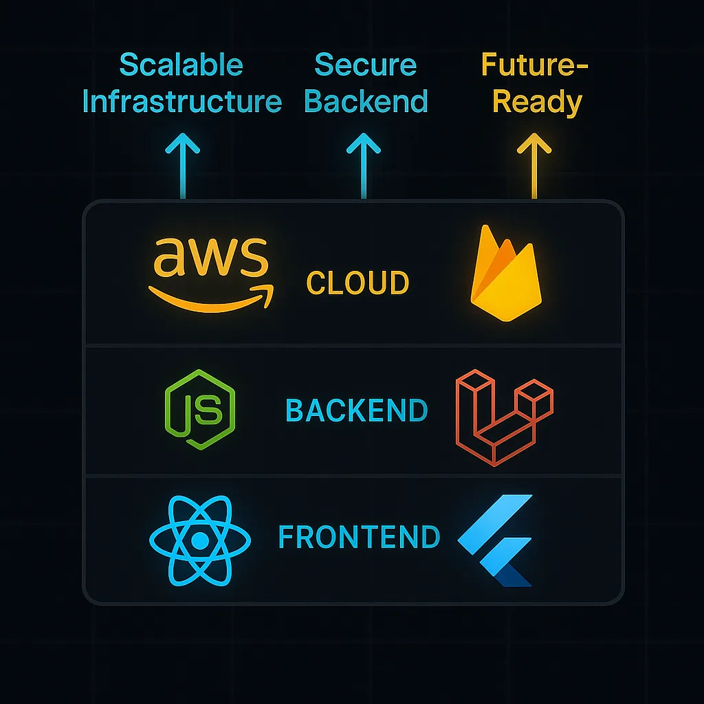 Infographic displaying a modern tech stack for a scalable app, including React, Node.js, and AWS, highlighting future-proof and secure development for Delivery Hero clone apps.