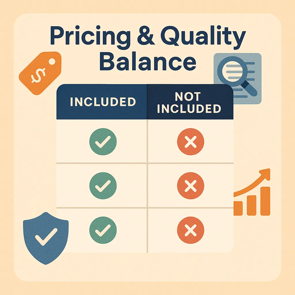Infographic explaining how to evaluate pricing models for Noon clone development — emphasizing clarity, included services, total cost of ownership, and value-driven quality.
