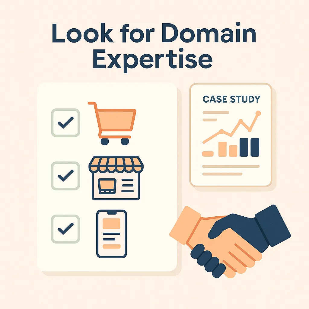 Infographic explaining how to identify a Noon clone developer with domain expertise, including past marketplace experience, case studies, and eCommerce business understanding.