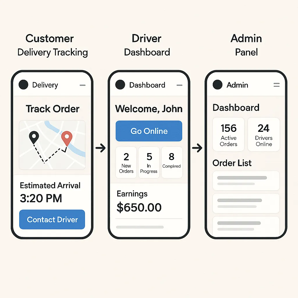 Infographic highlighting UI UX capabilities with sample delivery app interfaces for customers drivers and admins