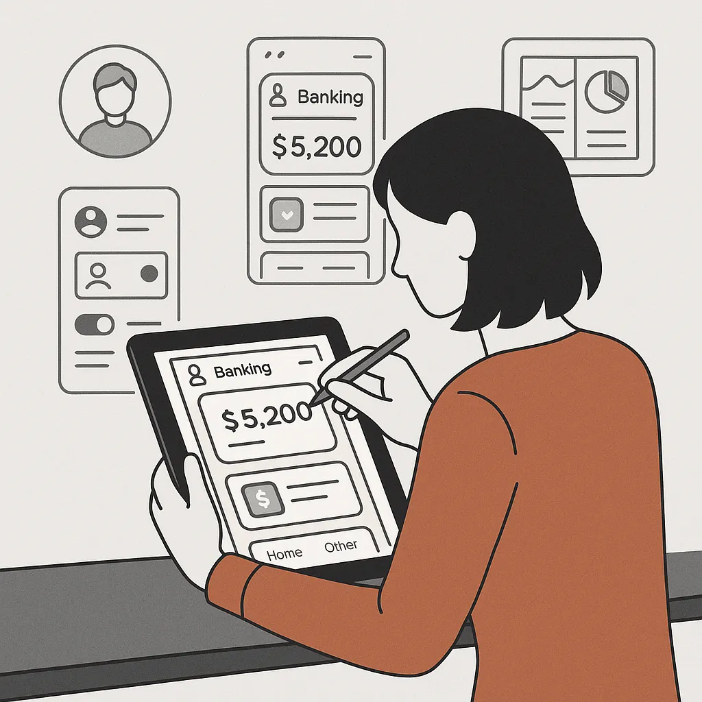 Infographic highlighting UI-UX design process for Revolut-style apps with custom layouts, responsive design, and user-focused interfaces.