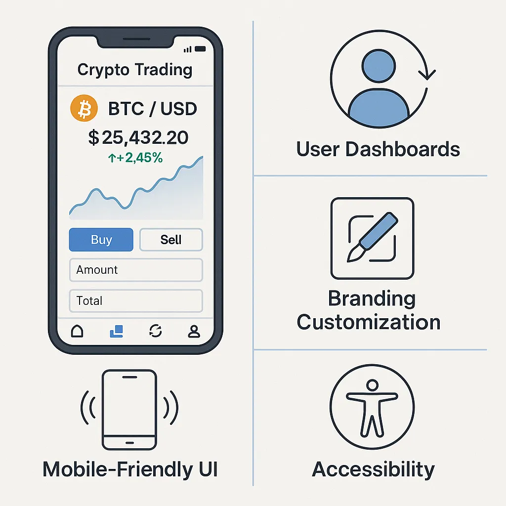 Infographic highlighting intuitive UI-UX features for Coinbase clone apps, including mobile responsiveness, user dashboards, and customizable branding elements.