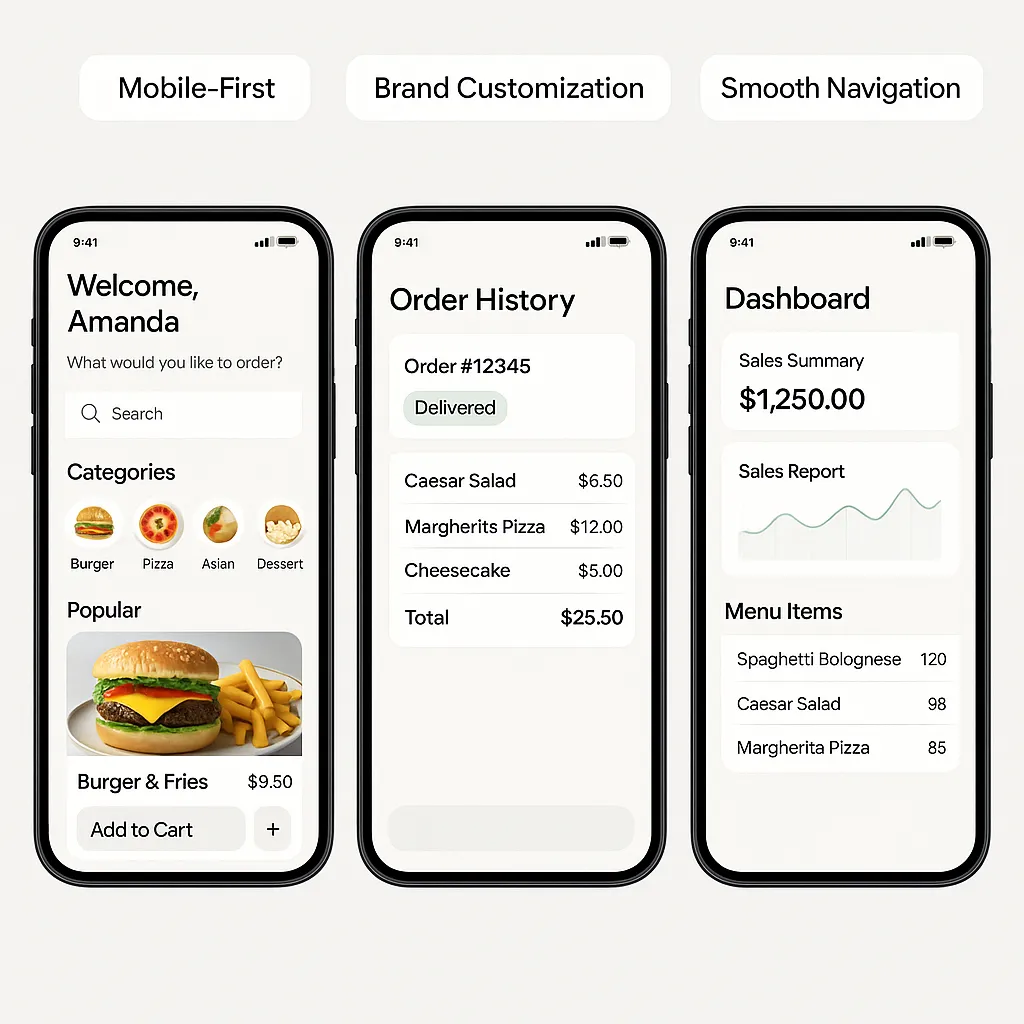 Infographic highlighting mobile-first UI-UX design for food ordering apps with custom branding and role-based interfaces