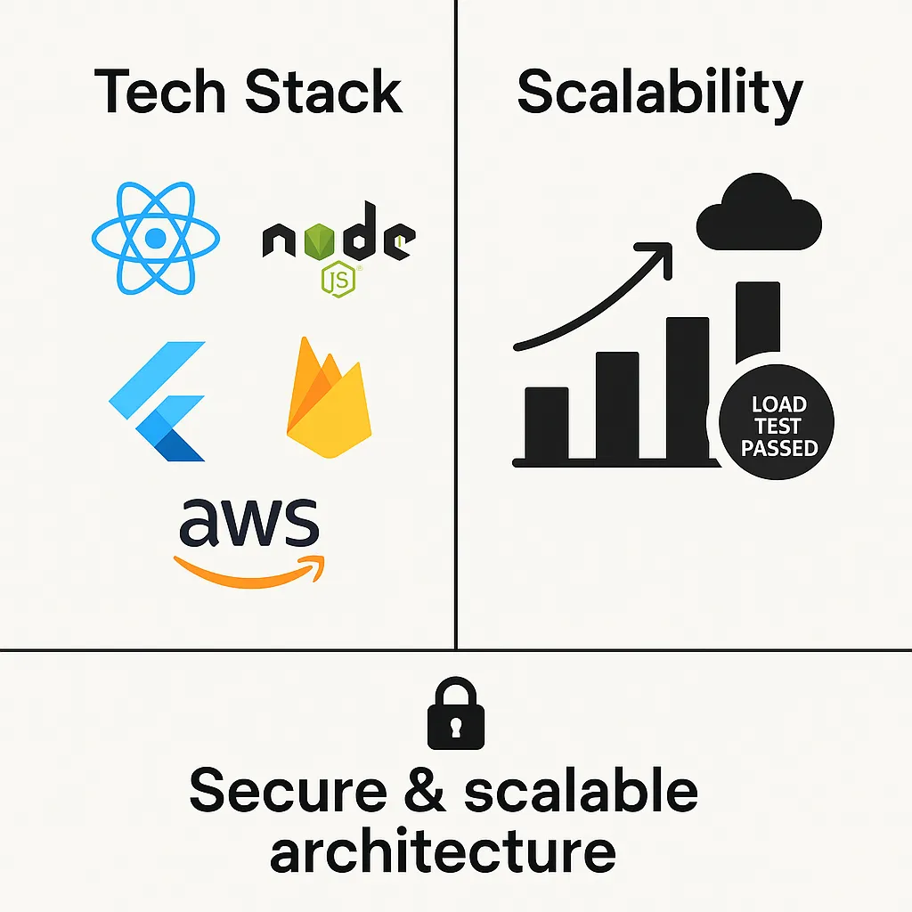 Infographic highlighting tech stack and scalability features for a Gojek clone, including modern frameworks and secure, cloud-based performance scaling.