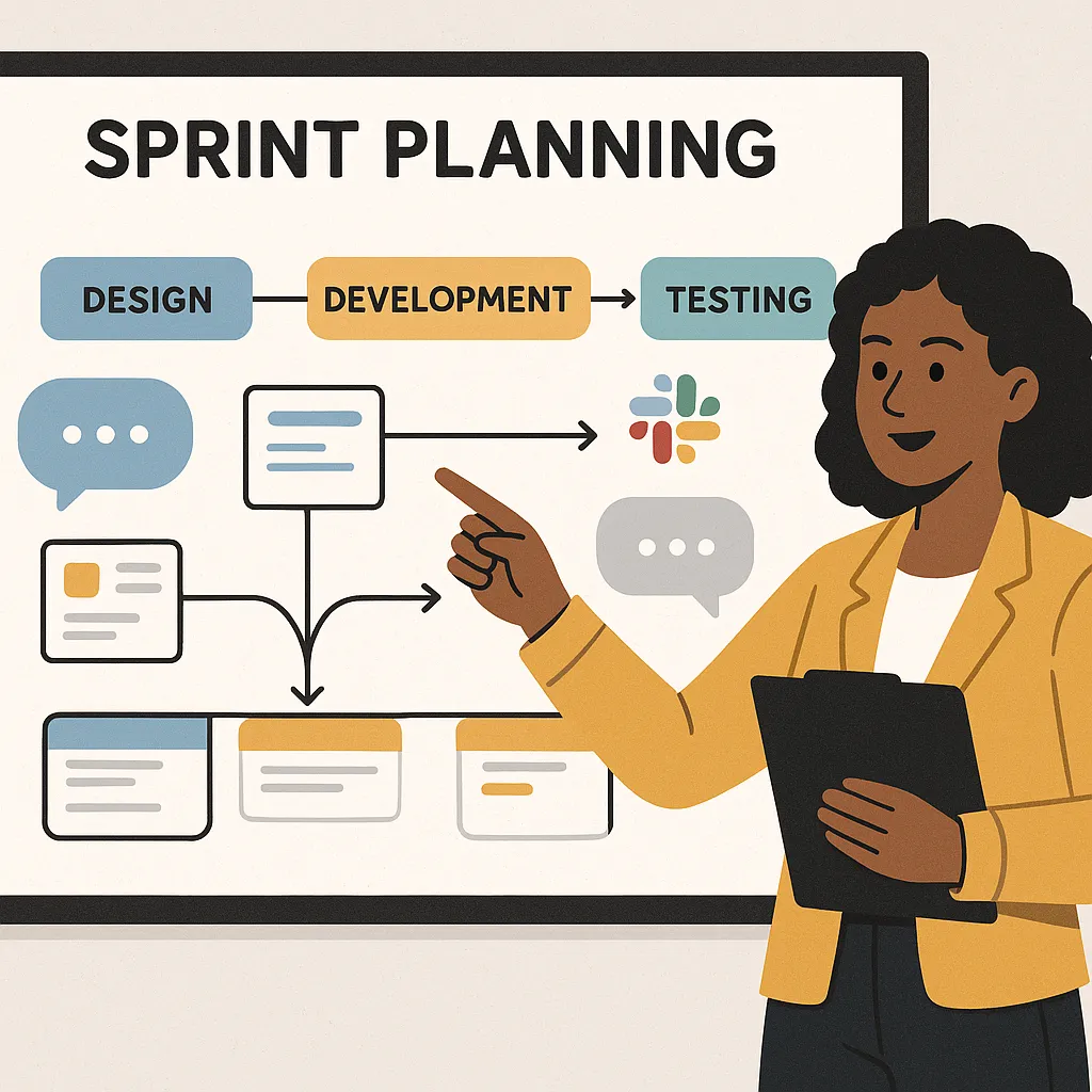 Infographic illustrating agile workflow and project communication using tools like Trello and Slack for Revolut clone development.