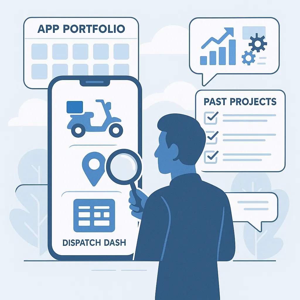 Infographic illustrating how to assess domain expertise in a Lalamove clone developer, with delivery-related visuals and app portfolio highlights.