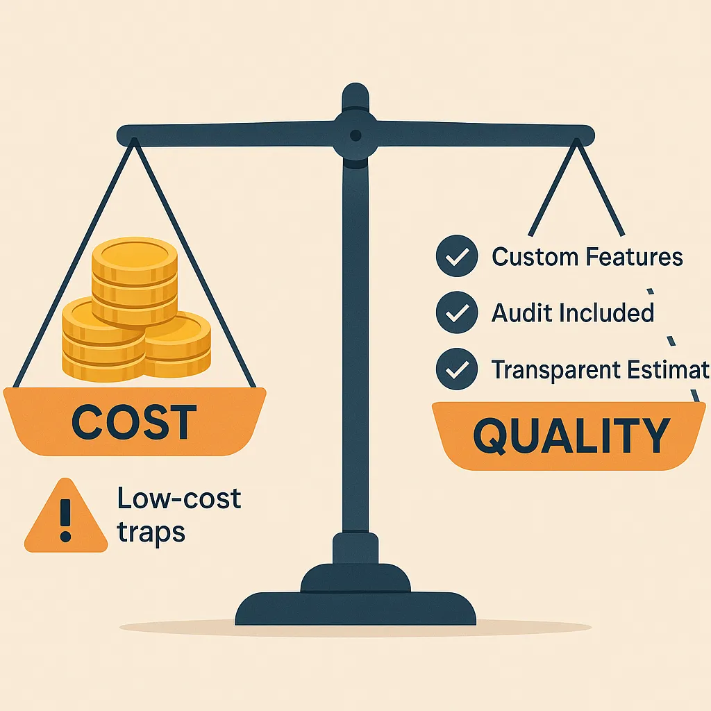 Infographic illustrating how to evaluate pricing and quality when hiring a Pinksale clone developer emphasizing transparency and long term value