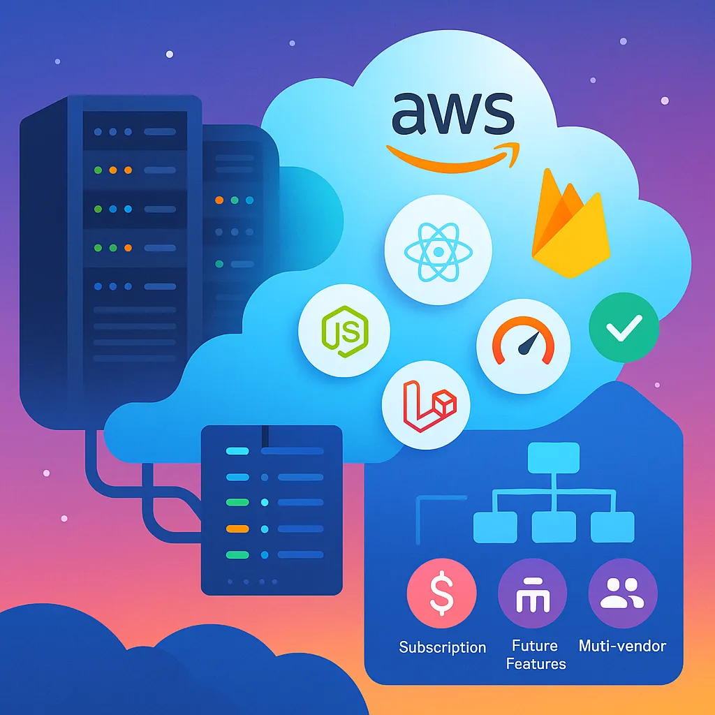 Infographic illustrating modern tech stack with cloud services and modular scalability for Goldbelly clone apps, including performance optimization and secure architecture.