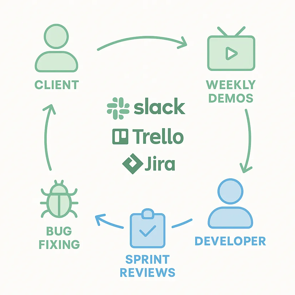 Infographic illustrating smooth communication and agile workflow between client and WeTransfer clone development team.