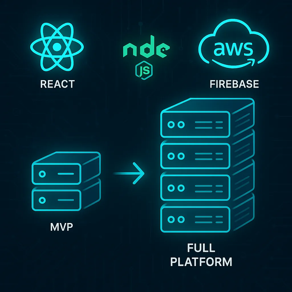 Infographic illustrating tech stack and scalability for Walmart clone apps with icons for React, Node.js, AWS, and Firebase.