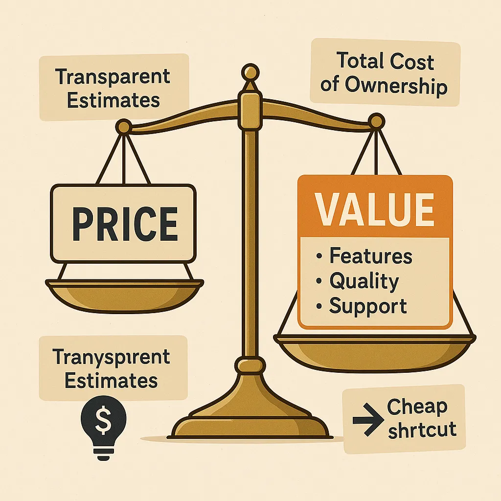 Infographic illustrating the balance between pricing and quality in UrbanClap clone development, highlighting transparency and long-term value.