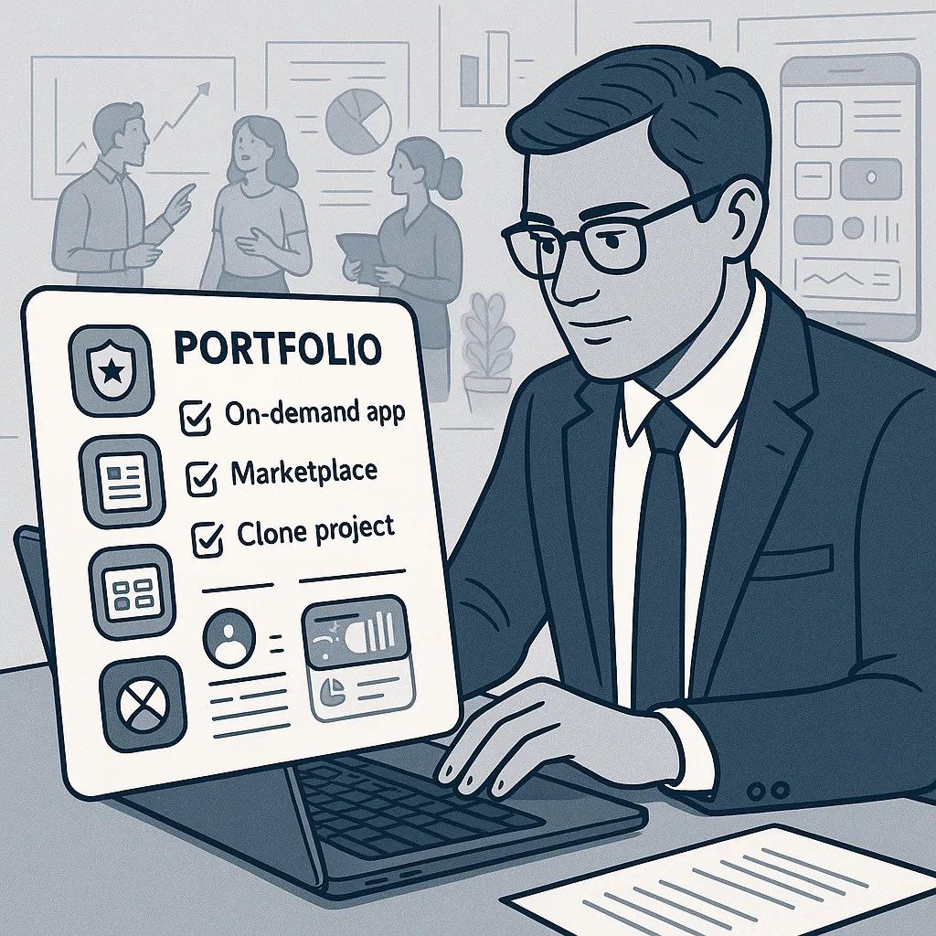 Infographic illustrating the importance of domain expertise in hiring an UrbanClap clone developer, featuring portfolio checks, experience highlights, and service platform examples.