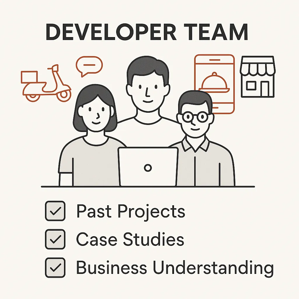 Infographic illustrating the importance of hiring a Grubhub clone developer with food delivery domain expertise, past projects, and business understanding.
