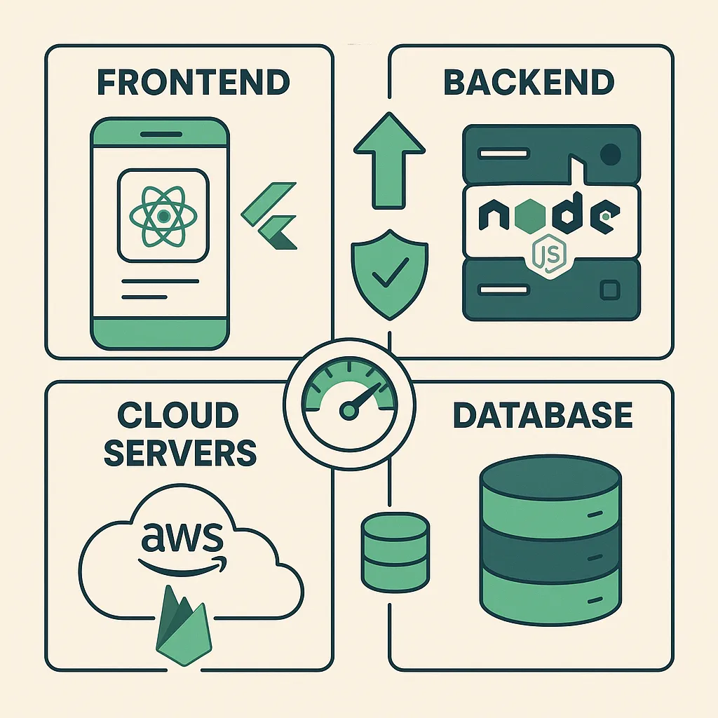 Infographic of Bolt clone tech stack with modern frameworks, cloud services, and scalability indicators for high-performance mobility platforms.