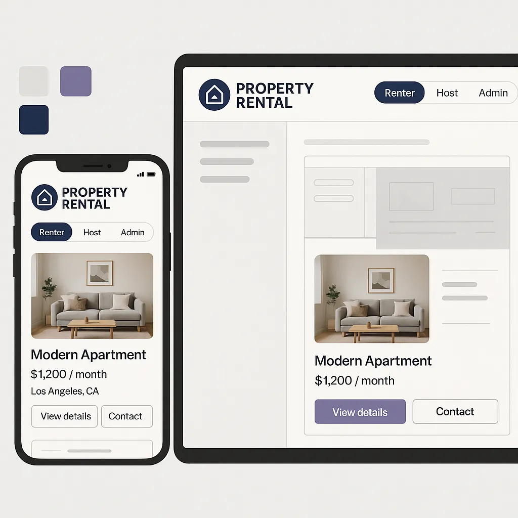Infographic of responsive and user-centric UI-UX design for a Blueground-style rental app with customizable dashboards for users, hosts, and admins.