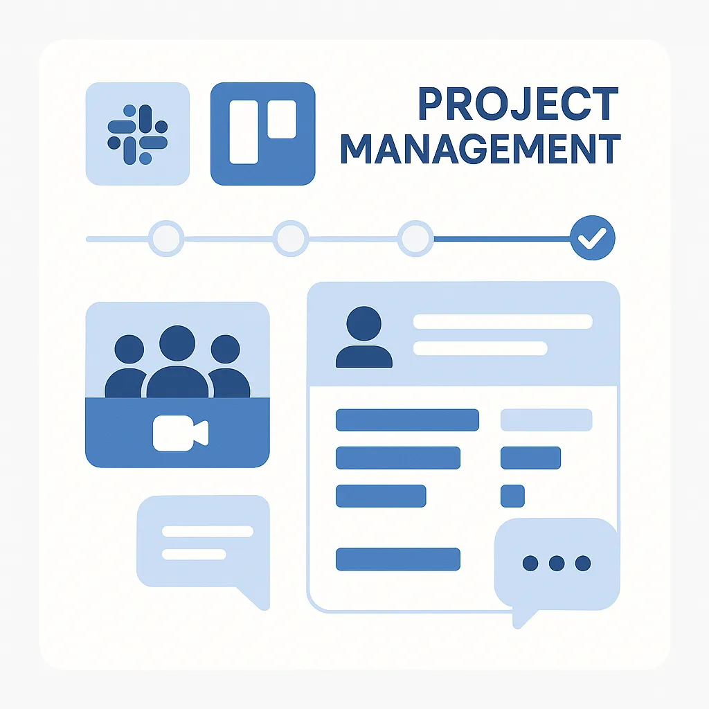 Infographic on communication and workflow in Walmart clone development showing tools like Slack, Trello, and structured timelines.