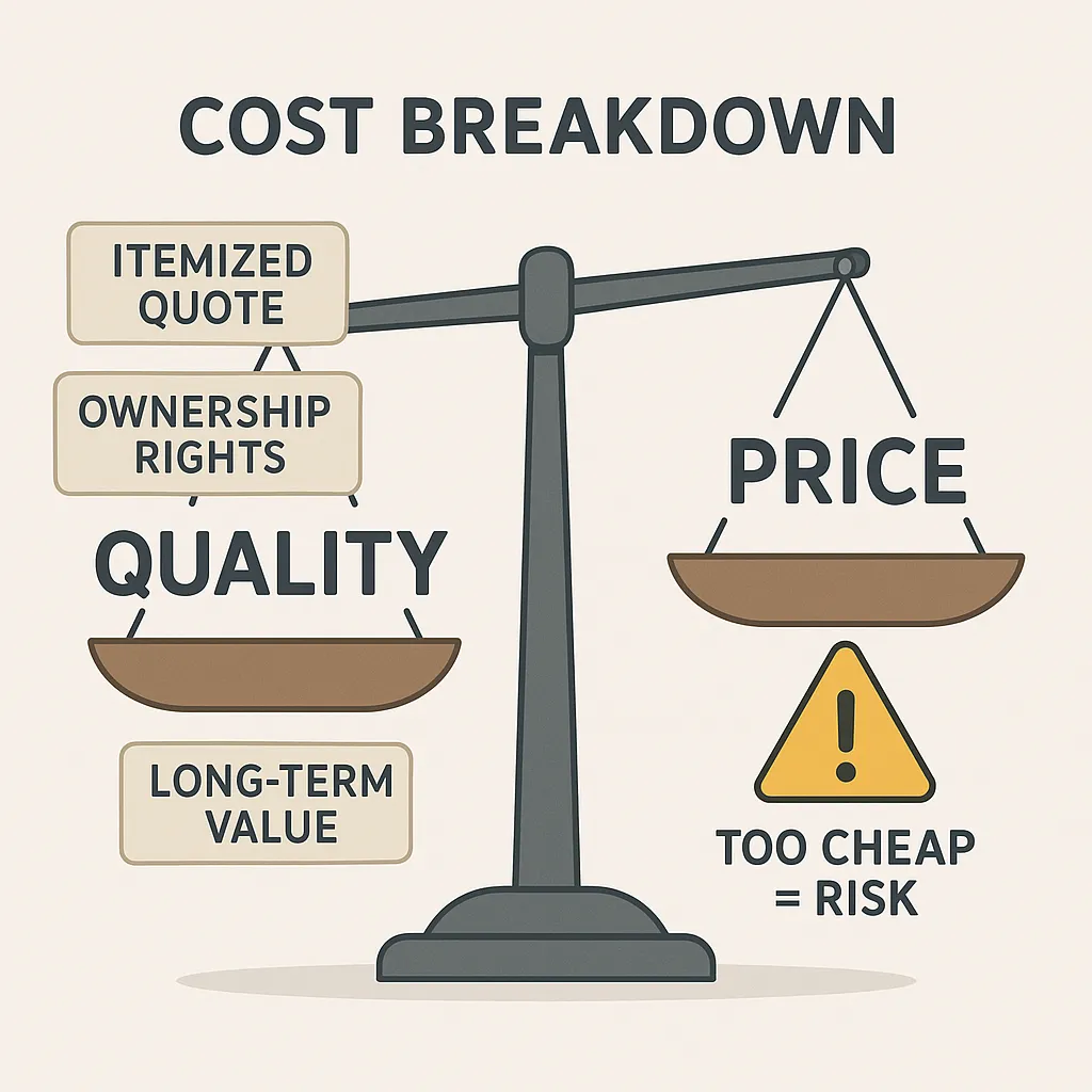 Infographic on pricing models and quality in Myntra clone development, highlighting cost transparency and long-term value.