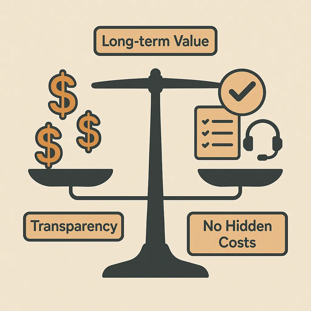Infographic representing pricing and quality balance for Walmart clone development with transparency, value, and included services.
