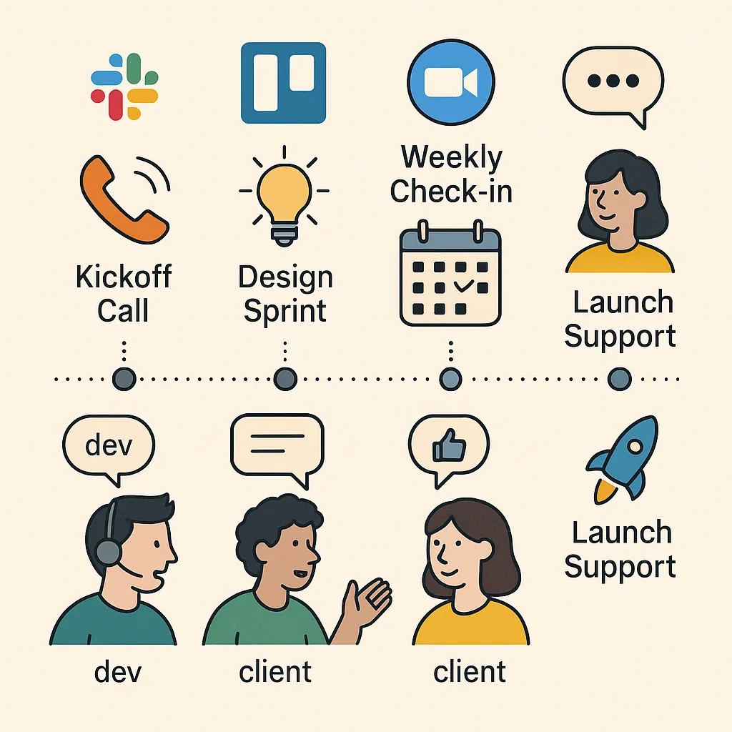 Infographic representing the communication and project workflow between a client and development team, with key milestones and tools for collaboration.