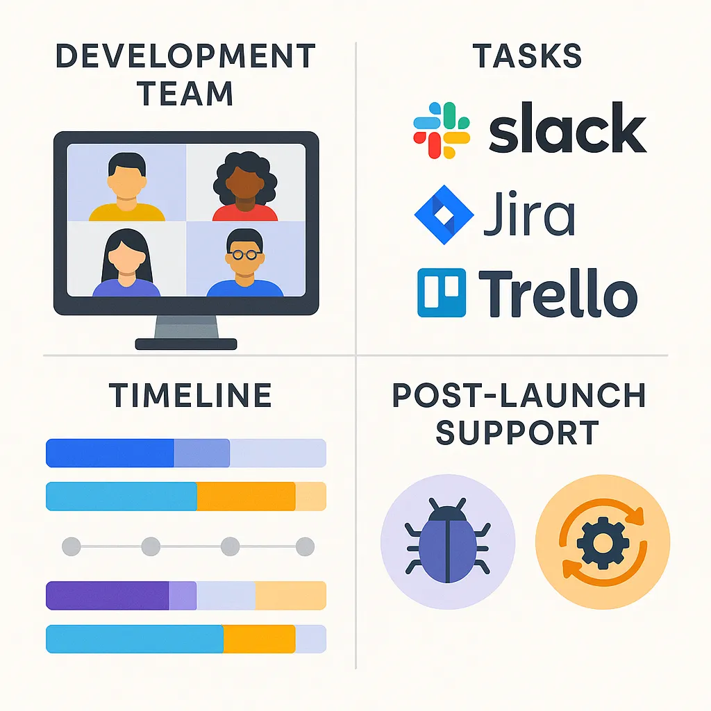 Infographic showcasing collaborative workflow with project management tools, real-time communication, and post-launch support for Coinbase clone development.