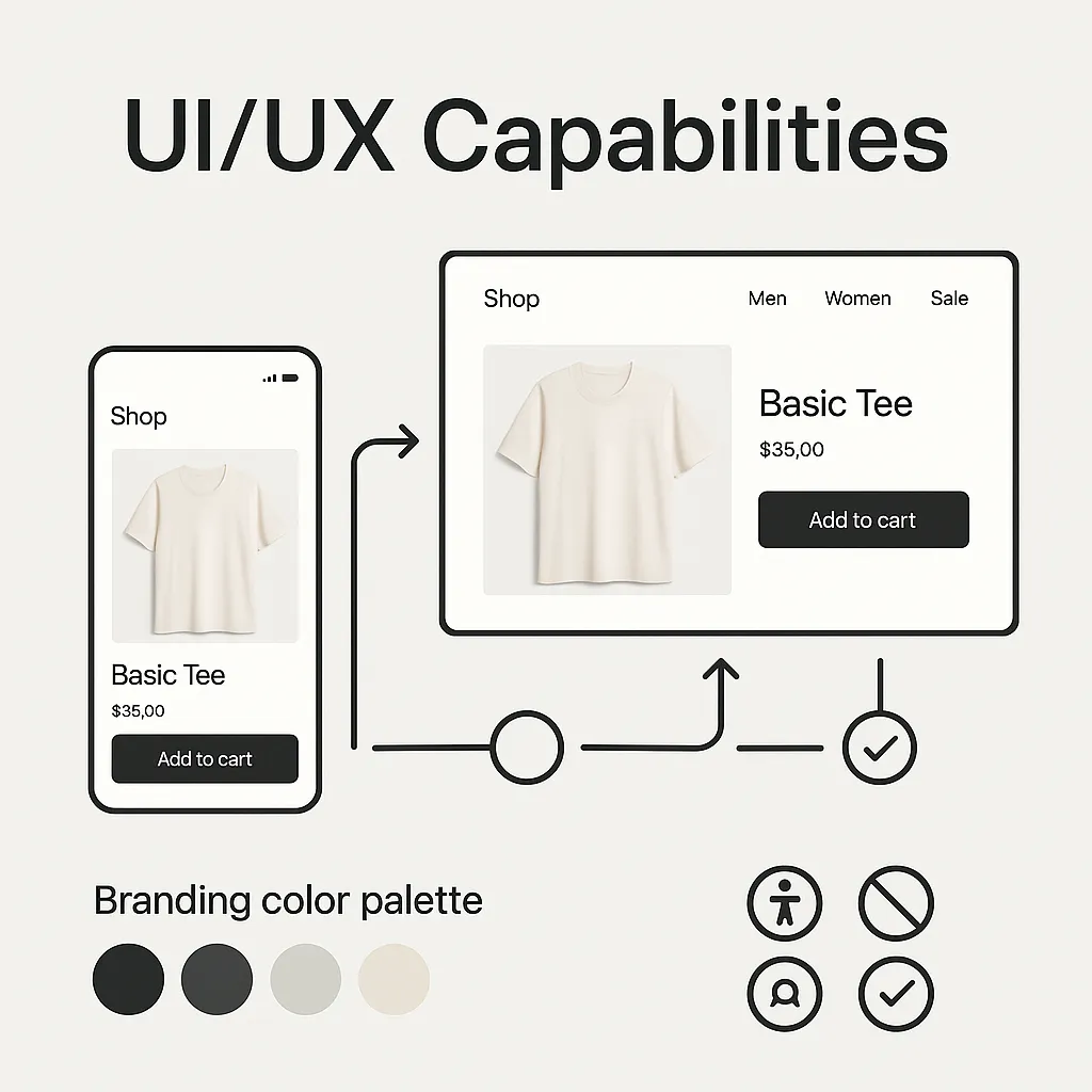 Infographic showing UI-UX priorities for a Noon clone app, including responsive design, branding customization, intuitive navigation, and accessibility across devices.