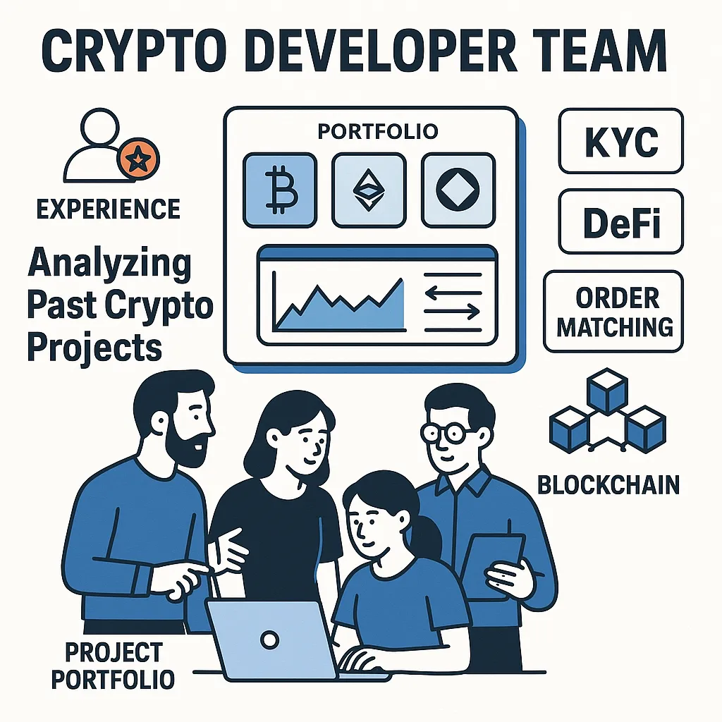 Infographic showing a crypto app development team with portfolio screens highlighting KYC, DeFi integration, and trading systems to represent domain expertise in Coinbase clone development.