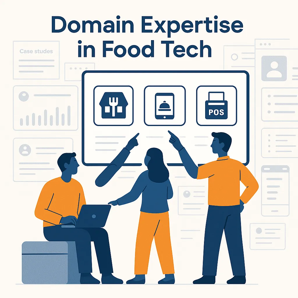 Infographic showing a development team with experience in food tech and restaurant apps reviewing case studies and dashboards.