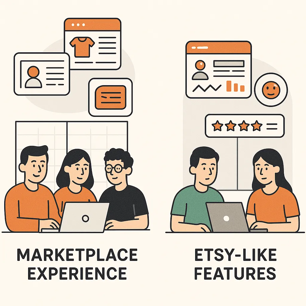 Infographic showing a development team with marketplace expertise building Etsy-like features such as seller dashboards, product listings, and reviews.