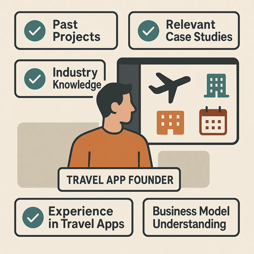 Infographic showing a travel platform founder reviewing a developer’s portfolio, emphasizing domain experience, past projects, and industry understanding.