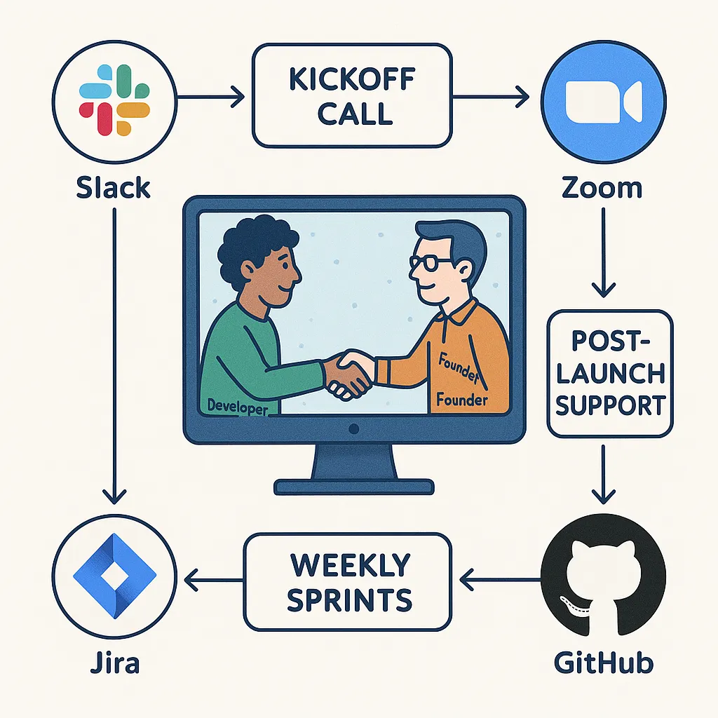 Infographic showing collaborative workflow for GMX clone development with tools like Jira, Slack, and GitHub, emphasizing developer-client communication and project tracking.