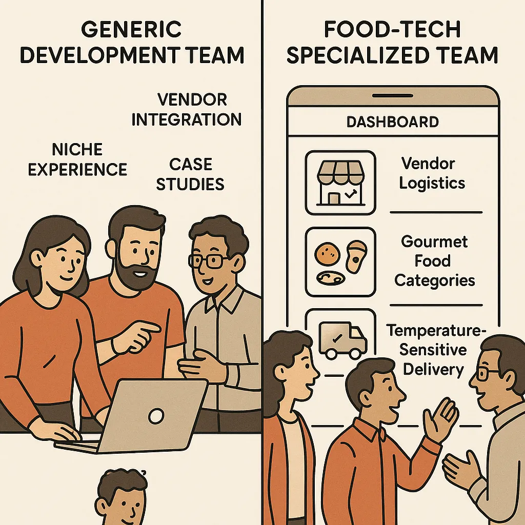 Infographic showing comparison between a generalist and food-tech expert development team, highlighting vendor integration, niche experience, and case studies for Goldbelly clone development.