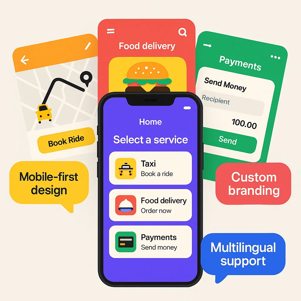 Infographic showing customizable UI-UX features of a Gojek clone app, with multi-service screens, custom branding, and responsive design focus.