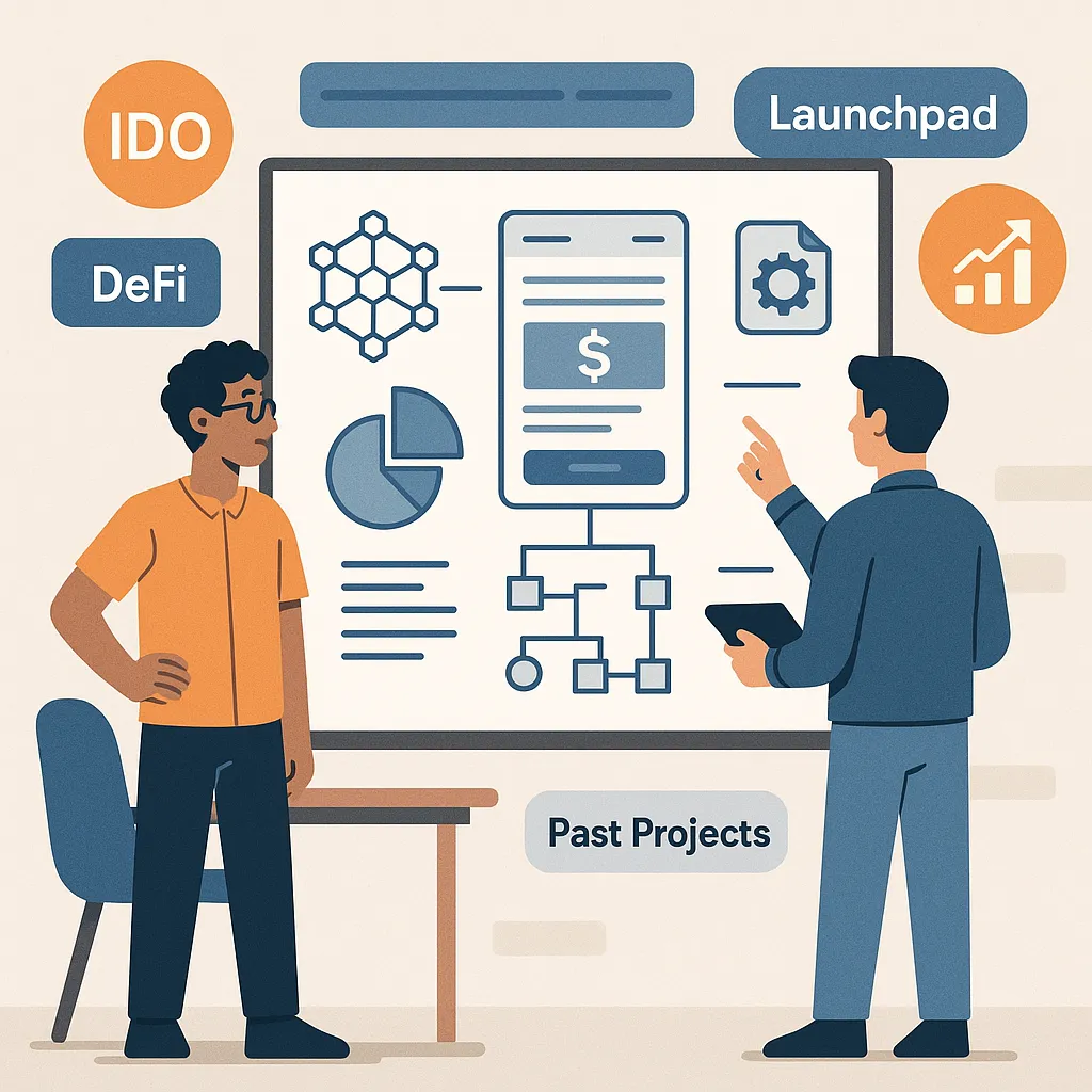 Infographic showing developers evaluating past DeFi and Pinksale clone projects to represent domain expertise in blockchain launchpad development.