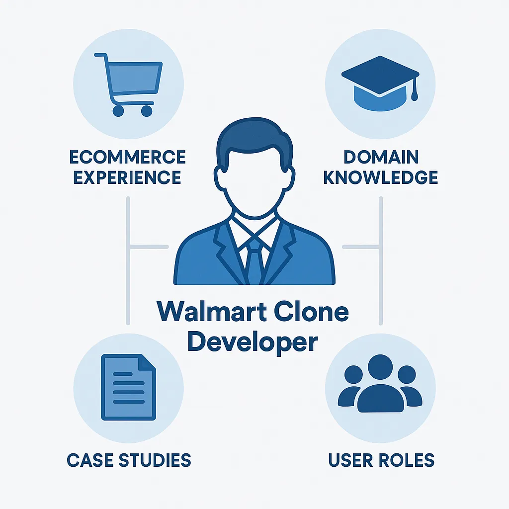 Infographic showing domain expertise essentials for Walmart clone developers ecommerce experience, case studies, domain knowledge, and user roles.
