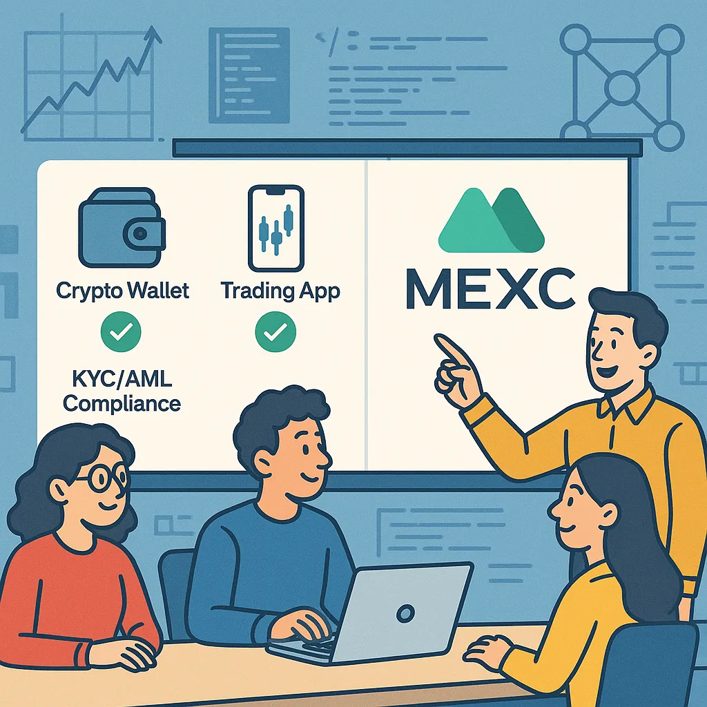 Infographic showing domain expertise for MEXC clone development with crypto-specific project portfolio, KYC compliance, and blockchain features.