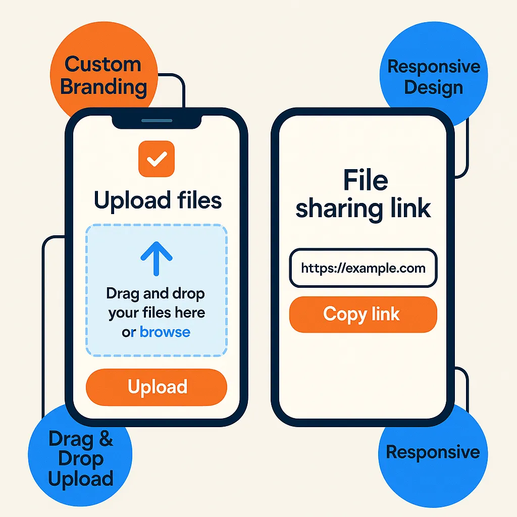 Infographic showing intuitive UI-UX features in WeTransfer clone apps like mobile-friendly upload, drag-and-drop, and customizable design.