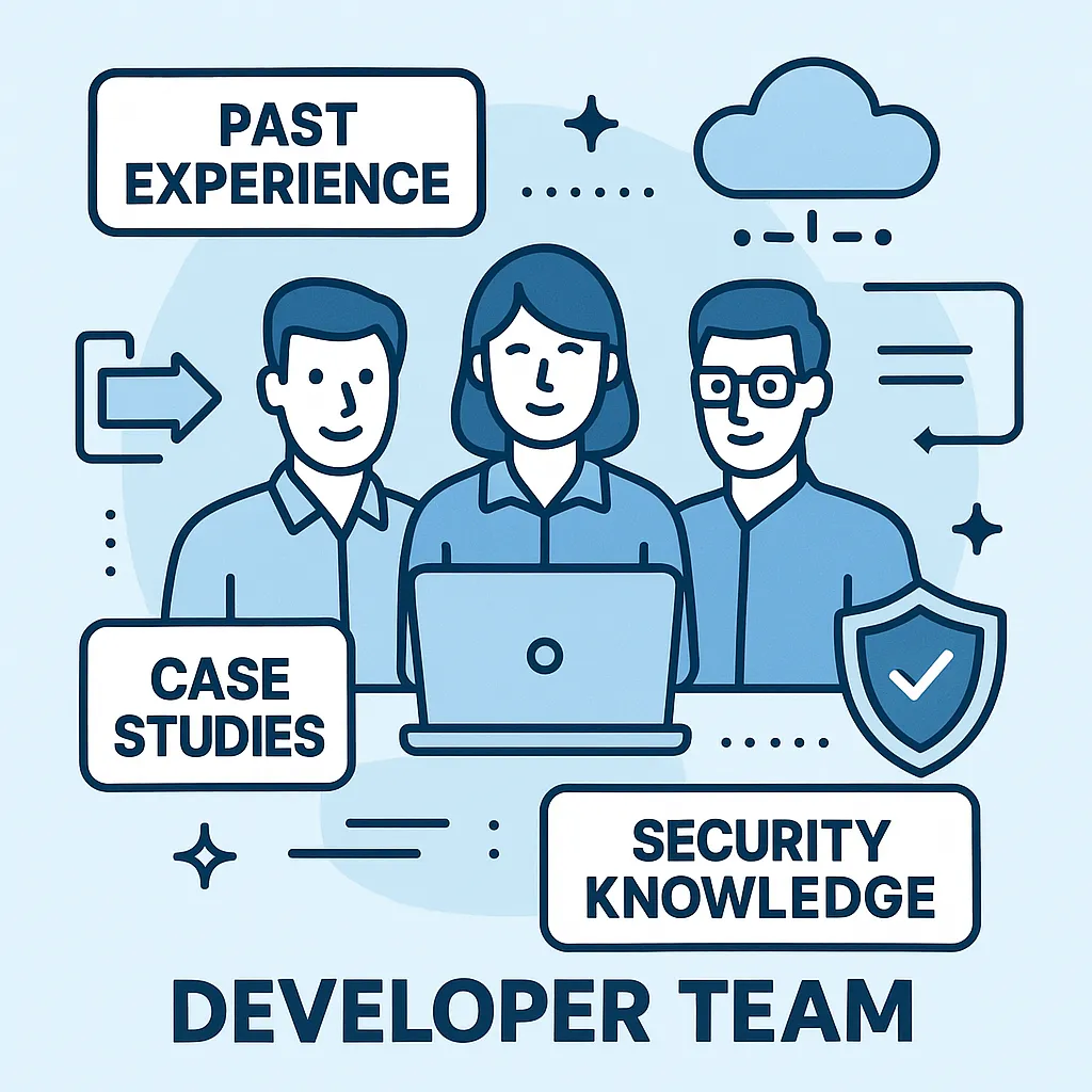 Infographic showing key domain expertise for WeTransfer clone developers including past projects, file-sharing experience, and secure data handling.