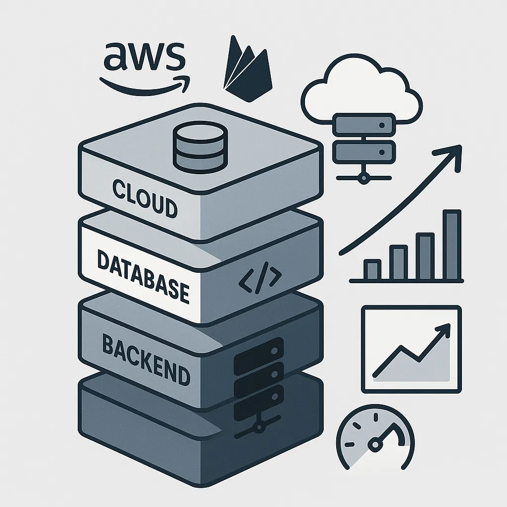 Infographic showing key elements of tech stack and scalability for a Grubhub clone app including cloud services, frameworks, and performance metrics.