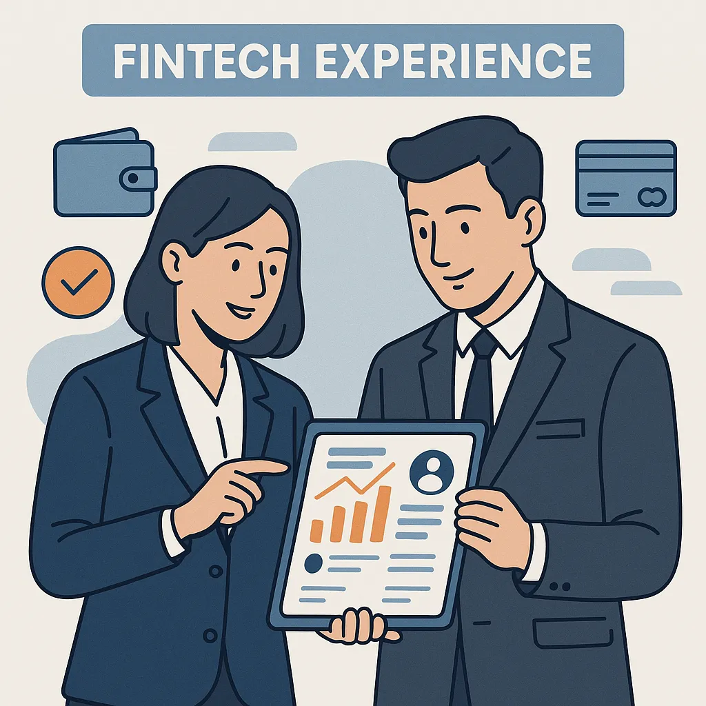 Infographic showing professionals reviewing fintech app designs with wallet and compliance icons, emphasizing domain expertise for Revolut clone development.