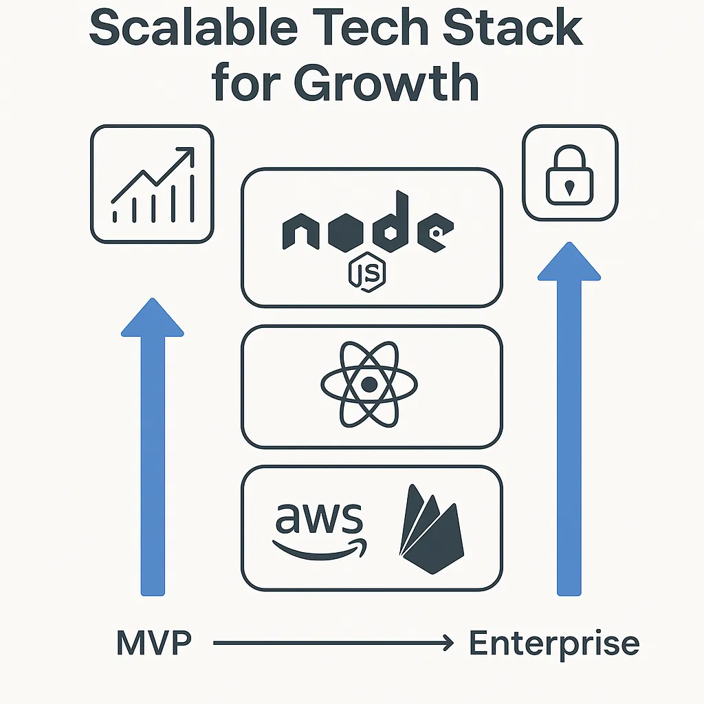 Infographic showing scalable app architecture using modern technologies like React, Node.js, and cloud hosting for Chownow clone development.
