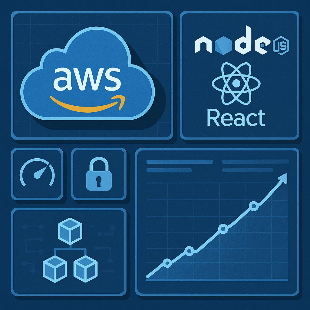 Infographic showing scalable tech stack for grocery delivery app with frameworks, cloud tools, and performance metrics.