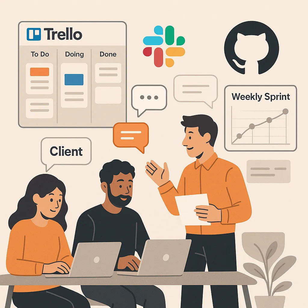 Infographic showing structured project communication and workflow between a client and a Pinksale clone development team with tools like Trello and Slack