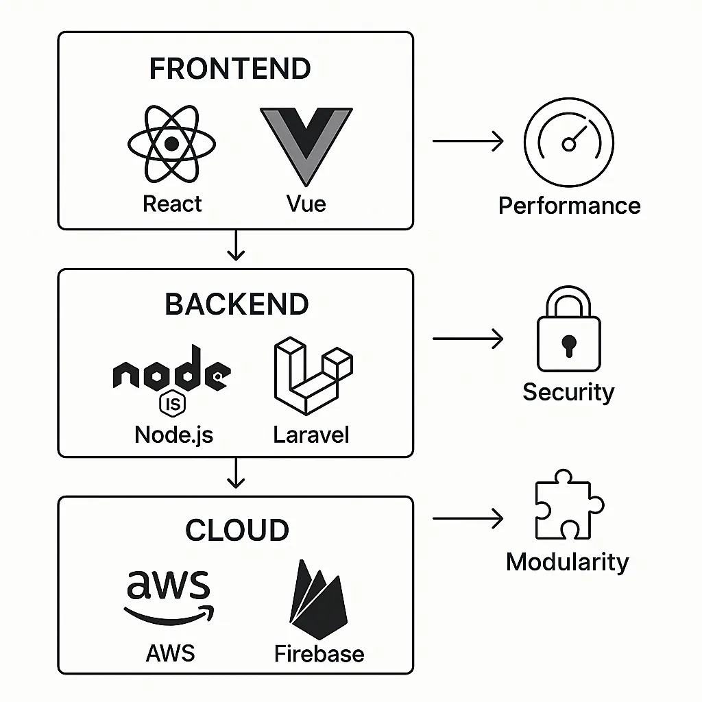 Infographic visualizing scalable tech stack for UrbanClap clone development including frontend, backend, cloud, and performance elements.