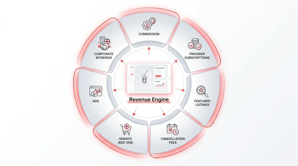 Uber-like app monetization models including commissions, provider subscriptions, featured listings, cancellation fees, add-ons, ads, and corporate bookings