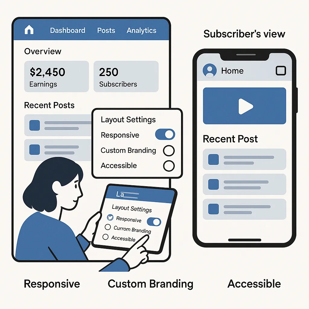 UI/UX-focused infographic showing responsive Fansly clone design with creator and subscriber dashboards, mobile optimization, and branding options.