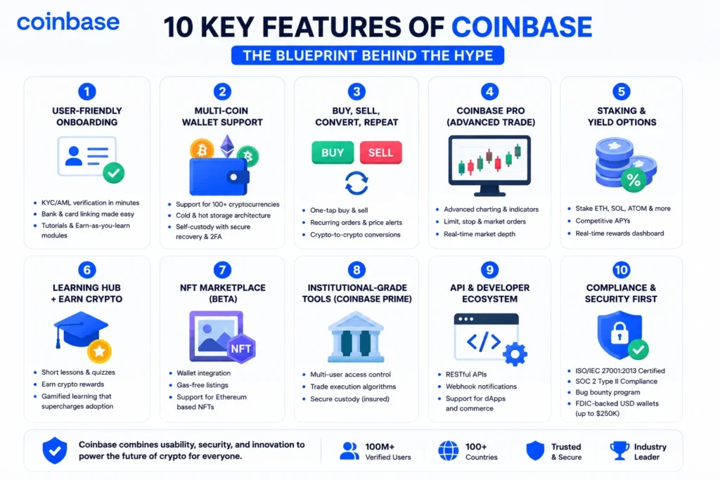 Modern Coinbase-inspired feature image showcasing essential cryptocurrency app features including secure wallet management, crypto trading, portfolio tracking, real-time market updates, regulatory compliance, and advanced security tools in a clean blue-and-white fintech design.