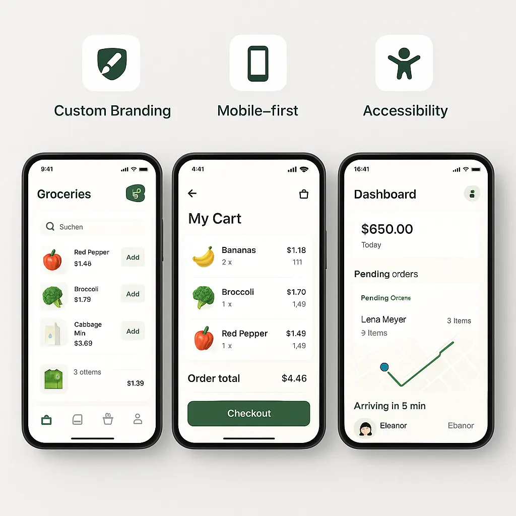 Mobile UI screens of a grocery app emphasizing intuitive design, custom branding, and role-based interfaces.