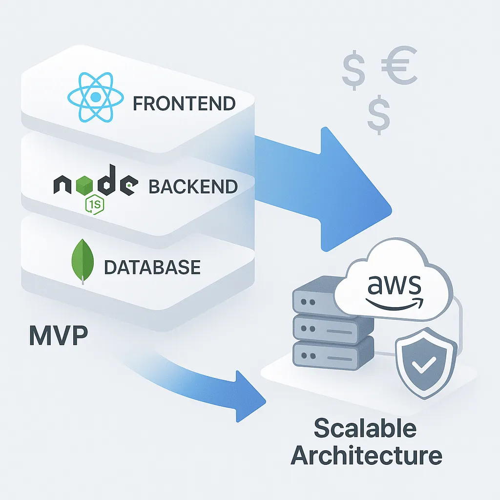 Modern tech stack with frontend, backend, and cloud layers optimized for scalable fintech app development.